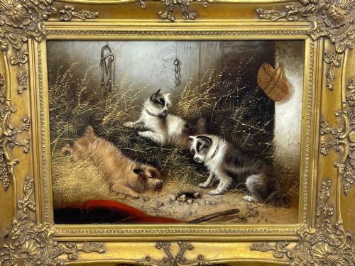VICTORIAN OIL PAINTING 3 TERRIER DOGS A SHARP LOOKOUT BY EDWARD ARMFIELD - ADDITIONAL PHOTO 5