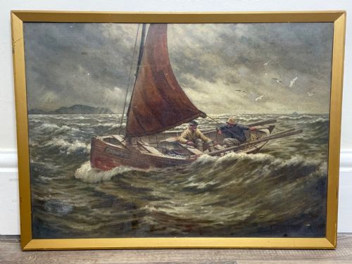 OIL PAINTING FISHING BOAT AYRSHIRE COAST AILSA CRAIG BY FRANK KIPLING - ADDITIONAL PHOTO 1