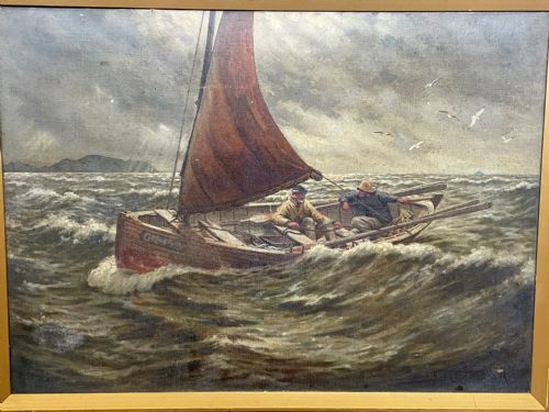 OIL PAINTING FISHING BOAT AYRSHIRE COAST AILSA CRAIG BY FRANK KIPLING - ADDITIONAL PHOTO 2