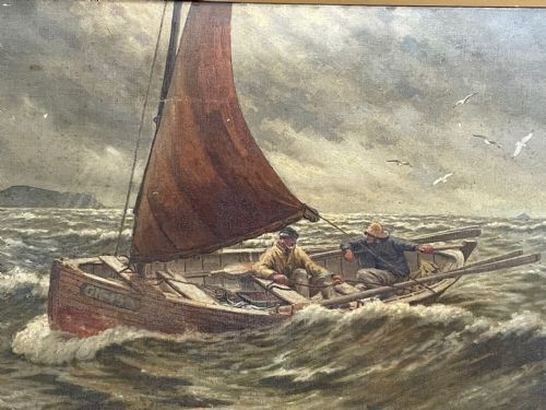 OIL PAINTING FISHING BOAT AYRSHIRE COAST AILSA CRAIG BY FRANK KIPLING - ADDITIONAL PHOTO 5