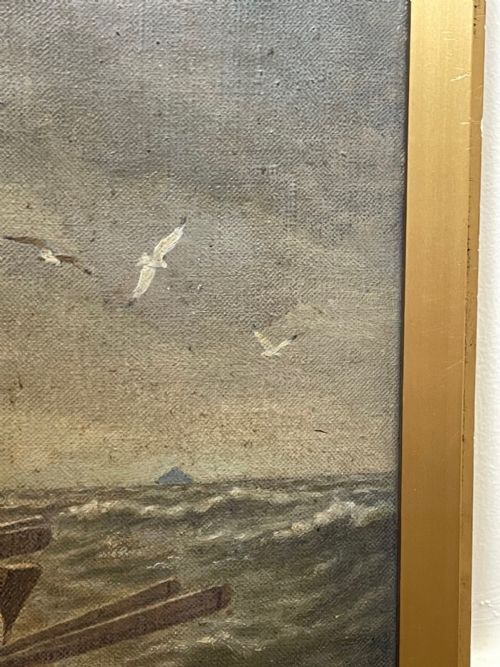 OIL PAINTING FISHING BOAT AYRSHIRE COAST AILSA CRAIG BY FRANK KIPLING - ADDITIONAL PHOTO 6