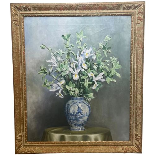 oil painting iris flowers in delft vase by alfred lyndon grace - CATEGORY: ANTIQUE ART - DATED 1940