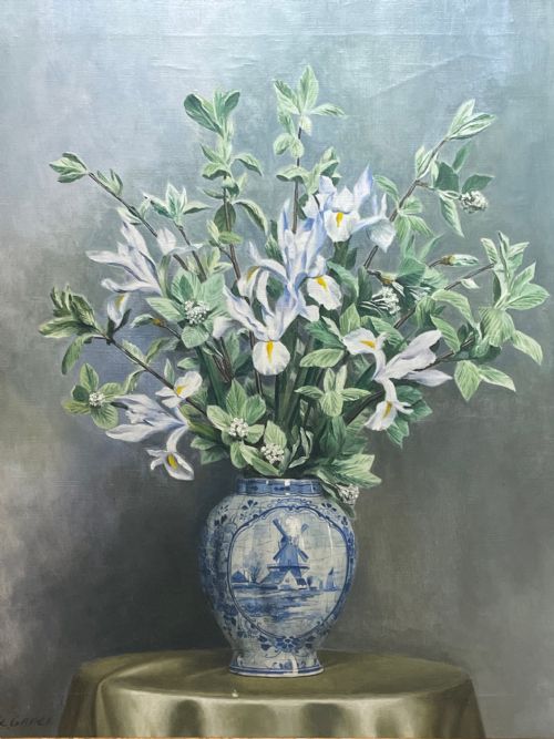 OIL PAINTING IRIS FLOWERS IN DELFT VASE BY ALFRED LYNDON GRACE - ADDITIONAL PHOTO 1