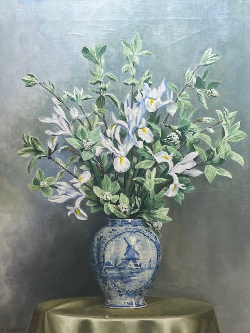 OIL PAINTING IRIS FLOWERS IN DELFT VASE BY ALFRED LYNDON GRACE - ADDITIONAL PHOTO 6