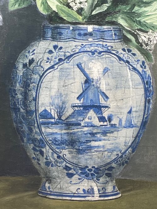 OIL PAINTING IRIS FLOWERS IN DELFT VASE BY ALFRED LYNDON GRACE - ADDITIONAL PHOTO 9