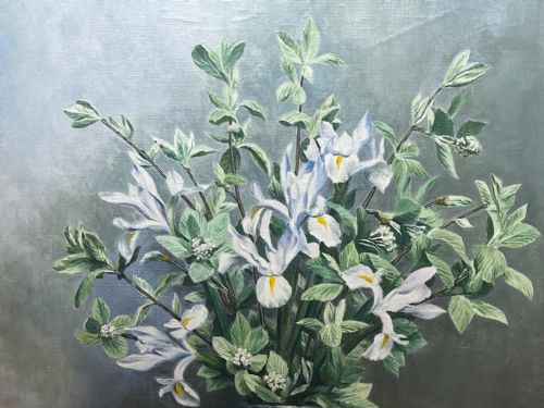 OIL PAINTING IRIS FLOWERS IN DELFT VASE BY ALFRED LYNDON GRACE - ADDITIONAL PHOTO 20