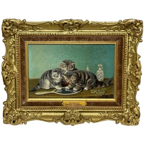 19th century oil painting kittens reflection by horatio henry couldery - CATEGORY: ANTIQUE ART - DATED 19TH CENTURY