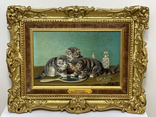 19TH CENTURY OIL PAINTING KITTENS REFLECTION BY HORATIO HENRY COULDERY - ADDITIONAL PHOTO 1