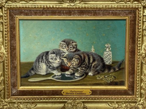 19TH CENTURY OIL PAINTING KITTENS REFLECTION BY HORATIO HENRY COULDERY - ADDITIONAL PHOTO 2