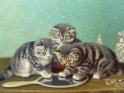 19TH CENTURY OIL PAINTING KITTENS REFLECTION BY HORATIO HENRY COULDERY - ADDITIONAL PHOTO 3