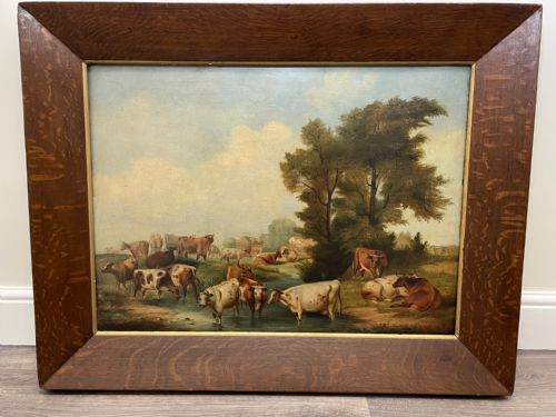 LARGE 18TH CENTURY OIL PAINTING CATTLE GATHERED WATERING IN LANDSCAPE - ADDITIONAL PHOTO 1