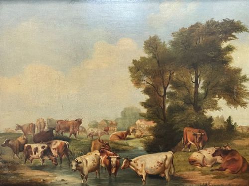 LARGE 18TH CENTURY OIL PAINTING CATTLE GATHERED WATERING IN LANDSCAPE - ADDITIONAL PHOTO 2