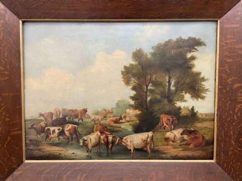 LARGE 18TH CENTURY OIL PAINTING CATTLE GATHERED WATERING IN LANDSCAPE - ADDITIONAL PHOTO 3