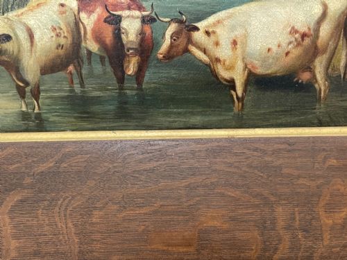 LARGE 18TH CENTURY OIL PAINTING CATTLE GATHERED WATERING IN LANDSCAPE - ADDITIONAL PHOTO 4