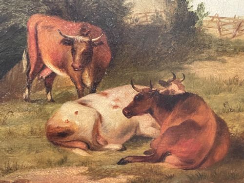 LARGE 18TH CENTURY OIL PAINTING CATTLE GATHERED WATERING IN LANDSCAPE - ADDITIONAL PHOTO 8