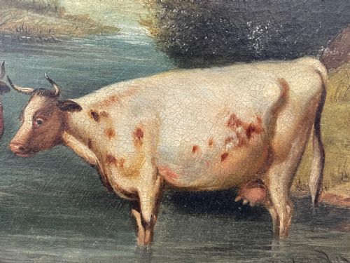 LARGE 18TH CENTURY OIL PAINTING CATTLE GATHERED WATERING IN LANDSCAPE - ADDITIONAL PHOTO 10