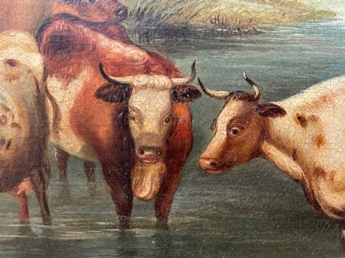 LARGE 18TH CENTURY OIL PAINTING CATTLE GATHERED WATERING IN LANDSCAPE - ADDITIONAL PHOTO 12