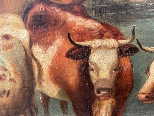 LARGE 18TH CENTURY OIL PAINTING CATTLE GATHERED WATERING IN LANDSCAPE - ADDITIONAL PHOTO 13