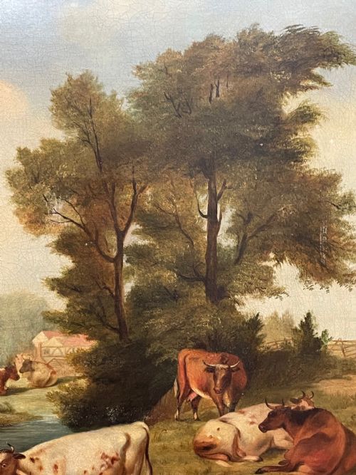 LARGE 18TH CENTURY OIL PAINTING CATTLE GATHERED WATERING IN LANDSCAPE - ADDITIONAL PHOTO 14
