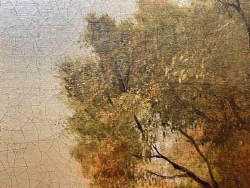 LARGE 18TH CENTURY OIL PAINTING CATTLE GATHERED WATERING IN LANDSCAPE - ADDITIONAL PHOTO 15