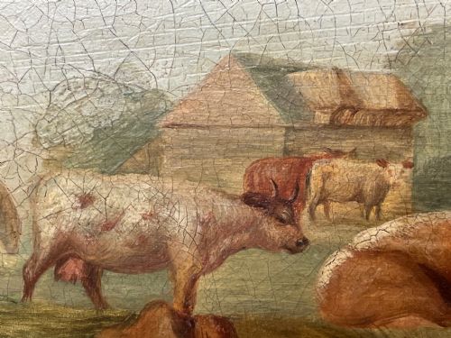 LARGE 18TH CENTURY OIL PAINTING CATTLE GATHERED WATERING IN LANDSCAPE - ADDITIONAL PHOTO 17