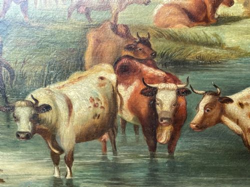 LARGE 18TH CENTURY OIL PAINTING CATTLE GATHERED WATERING IN LANDSCAPE - ADDITIONAL PHOTO 18