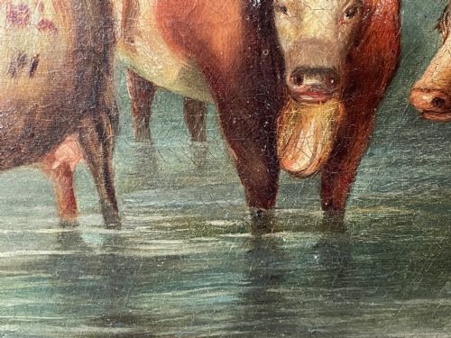 LARGE 18TH CENTURY OIL PAINTING CATTLE GATHERED WATERING IN LANDSCAPE - ADDITIONAL PHOTO 19
