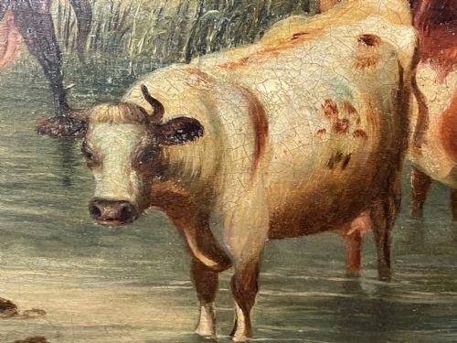 LARGE 18TH CENTURY OIL PAINTING CATTLE GATHERED WATERING IN LANDSCAPE - ADDITIONAL PHOTO 20