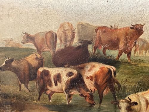 LARGE 18TH CENTURY OIL PAINTING CATTLE GATHERED WATERING IN LANDSCAPE - ADDITIONAL PHOTO 21