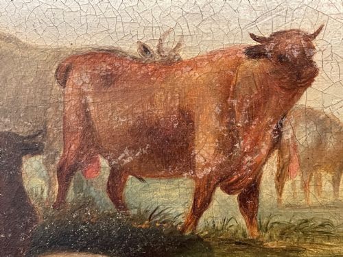 LARGE 18TH CENTURY OIL PAINTING CATTLE GATHERED WATERING IN LANDSCAPE - ADDITIONAL PHOTO 22
