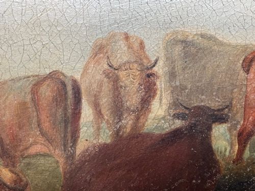 LARGE 18TH CENTURY OIL PAINTING CATTLE GATHERED WATERING IN LANDSCAPE - ADDITIONAL PHOTO 23