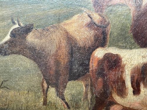 LARGE 18TH CENTURY OIL PAINTING CATTLE GATHERED WATERING IN LANDSCAPE - ADDITIONAL PHOTO 24
