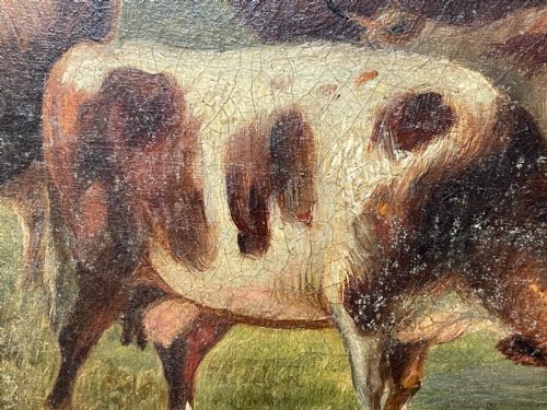 LARGE 18TH CENTURY OIL PAINTING CATTLE GATHERED WATERING IN LANDSCAPE - ADDITIONAL PHOTO 25