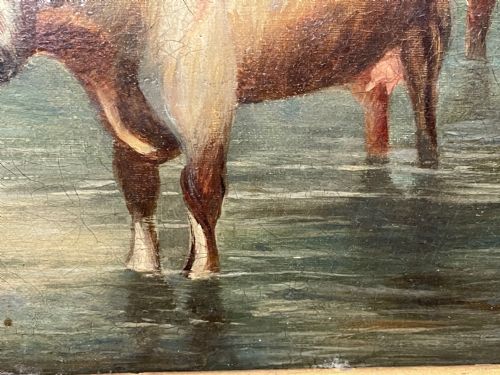 LARGE 18TH CENTURY OIL PAINTING CATTLE GATHERED WATERING IN LANDSCAPE - ADDITIONAL PHOTO 27