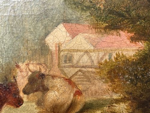 LARGE 18TH CENTURY OIL PAINTING CATTLE GATHERED WATERING IN LANDSCAPE - ADDITIONAL PHOTO 29