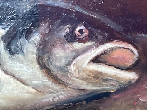 OIL PAINTING CATCH OF THE DAY TROUT FISH BY JOHN BUCKNELL RUSSELL - ADDITIONAL PHOTO 16