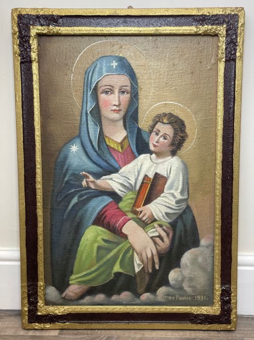 LARGE RELIGIOUS PORTRAIT OIL PAINTING THE ICON OF MADONNA DEL POPOLO C1931 - ADDITIONAL PHOTO 12