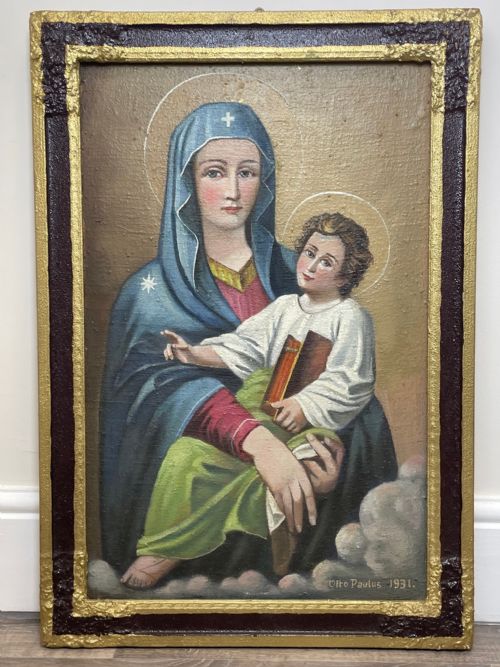 LARGE RELIGIOUS PORTRAIT OIL PAINTING THE ICON OF MADONNA DEL POPOLO C1931 - ADDITIONAL PHOTO 13