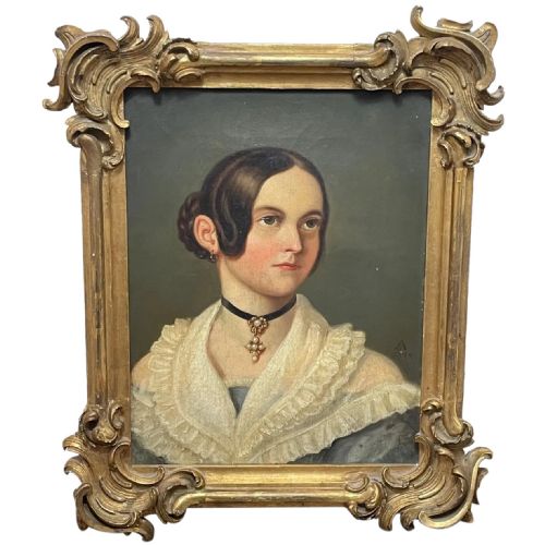 19th century oil painting portrait young lady in dress wearing pendant - CATEGORY: ANTIQUE ART - DATED VICTORIAN