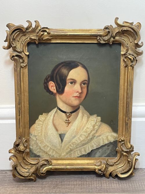19TH CENTURY OIL PAINTING PORTRAIT YOUNG LADY IN DRESS WEARING PENDANT - ADDITIONAL PHOTO 1
