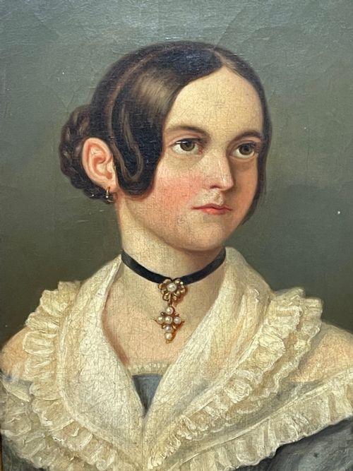 19TH CENTURY OIL PAINTING PORTRAIT YOUNG LADY IN DRESS WEARING PENDANT - ADDITIONAL PHOTO 5