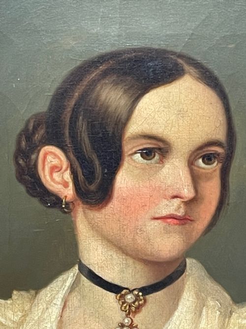 19TH CENTURY OIL PAINTING PORTRAIT YOUNG LADY IN DRESS WEARING PENDANT - ADDITIONAL PHOTO 9
