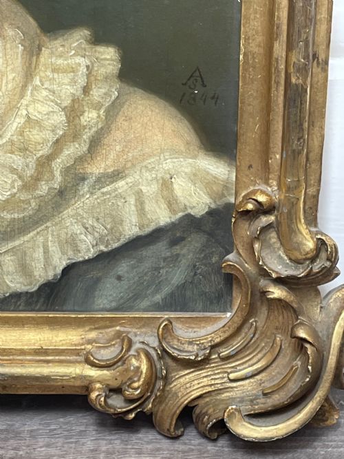 19TH CENTURY OIL PAINTING PORTRAIT YOUNG LADY IN DRESS WEARING PENDANT - ADDITIONAL PHOTO 10