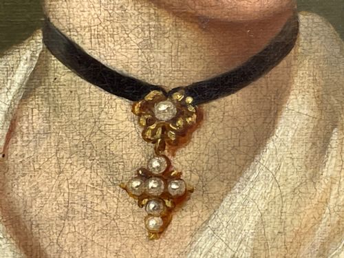 19TH CENTURY OIL PAINTING PORTRAIT YOUNG LADY IN DRESS WEARING PENDANT - ADDITIONAL PHOTO 13