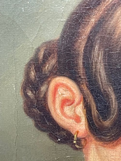 19TH CENTURY OIL PAINTING PORTRAIT YOUNG LADY IN DRESS WEARING PENDANT - ADDITIONAL PHOTO 16