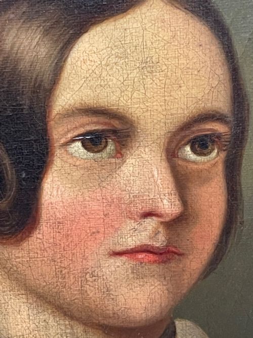 19TH CENTURY OIL PAINTING PORTRAIT YOUNG LADY IN DRESS WEARING PENDANT - ADDITIONAL PHOTO 17