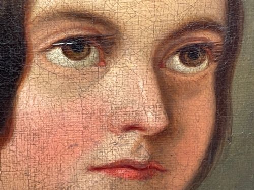 19TH CENTURY OIL PAINTING PORTRAIT YOUNG LADY IN DRESS WEARING PENDANT - ADDITIONAL PHOTO 18