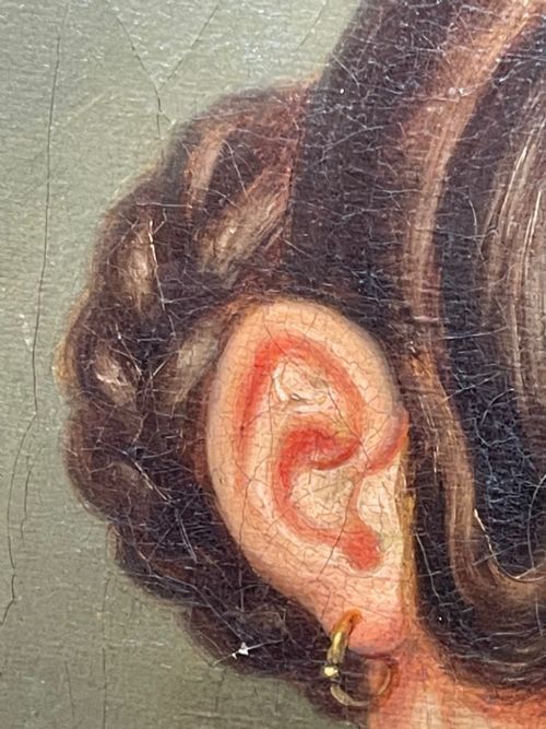 19TH CENTURY OIL PAINTING PORTRAIT YOUNG LADY IN DRESS WEARING PENDANT - ADDITIONAL PHOTO 24