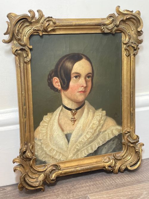 19TH CENTURY OIL PAINTING PORTRAIT YOUNG LADY IN DRESS WEARING PENDANT - ADDITIONAL PHOTO 25