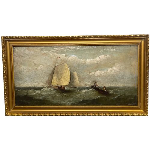 19th century oil painting fishing boats in swell by harry j williams - CATEGORY: ANTIQUE ART - DATED 19TH CENTURY